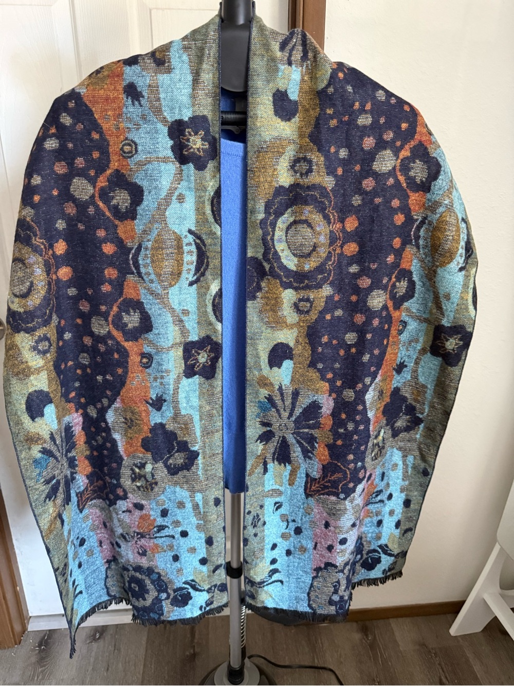 100% Cashmere Floral Jacquard Scarf Wrap Shawl Blue Multicolor